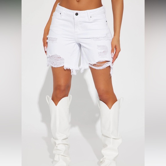 White Destructed Denim Bermuda Shorts - Picture 3 of 4